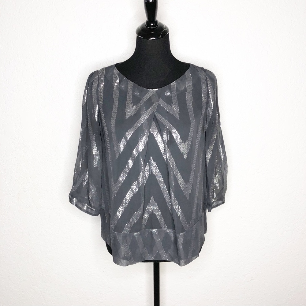 By Malene Birger charcoal gray silver metallic chevron sheer top size 34 or XS